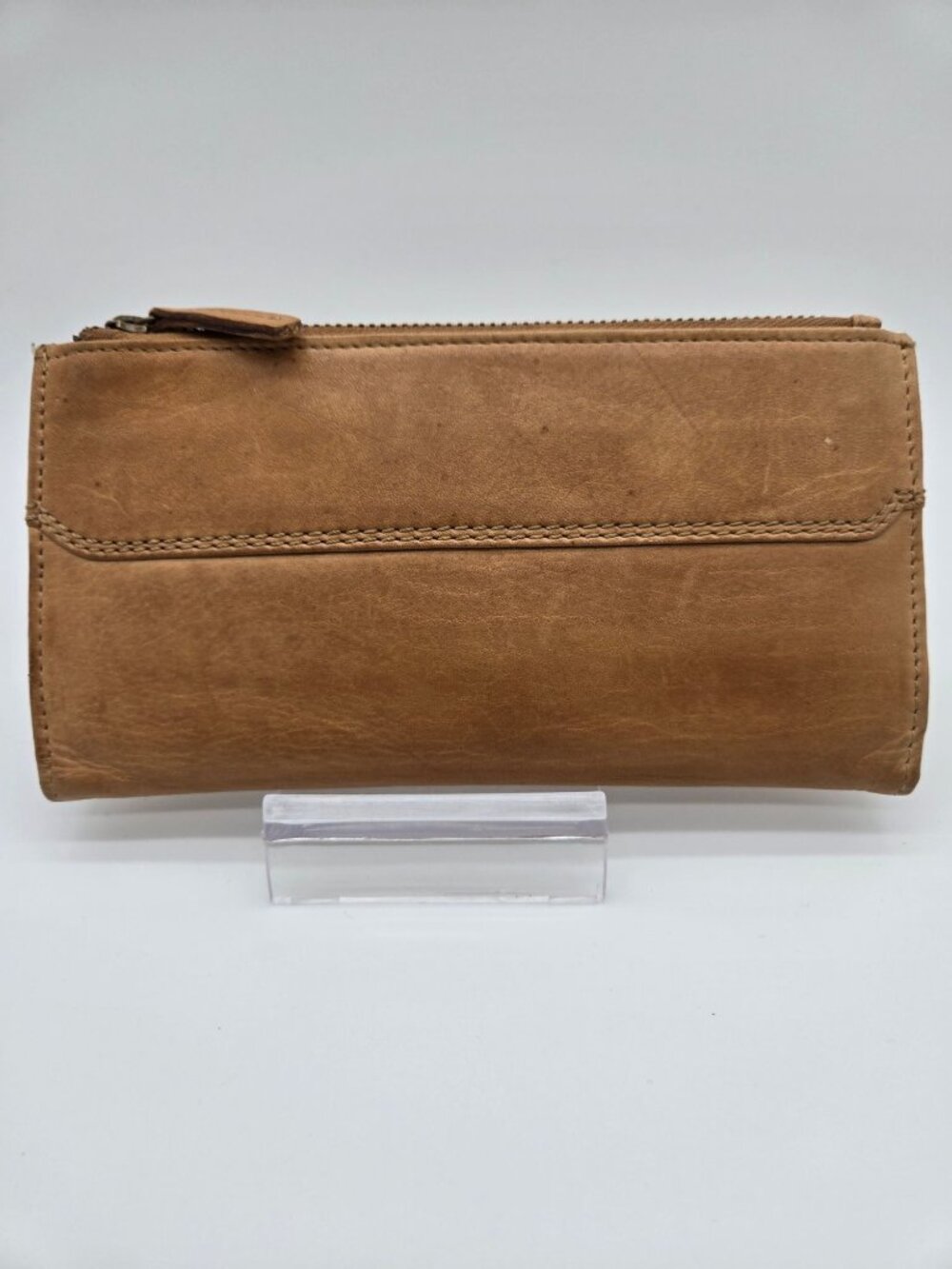Genuine Leather Caramel Distressed Continental Wallet Double Zip Organizer Clutc